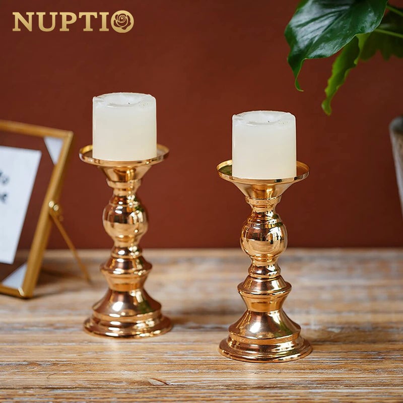 NUPTIO Set of 10 Gold Metal Pillar Candle Holders, Wedding Centerpieces Candlestick Holders for 2 inches Candles Stand Decoration Ideal for Weddings, Special Events, Parties - Image 5